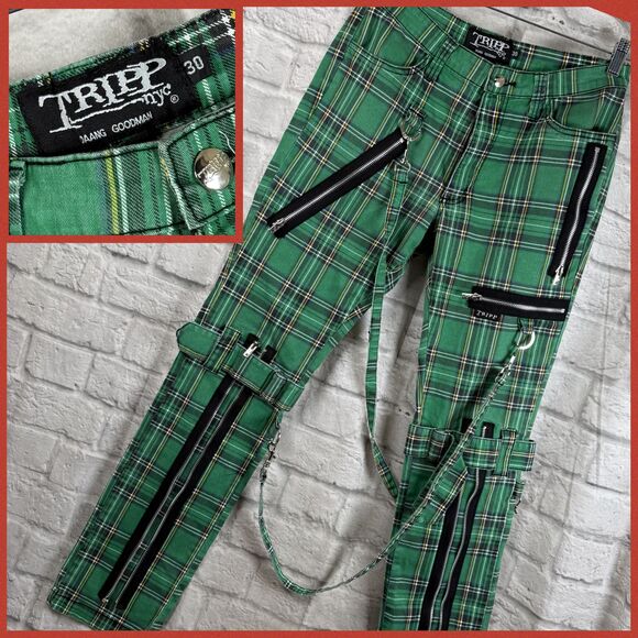 Tripp NYC Plaid Bondage Unisex Size 30 Pants Punk Green Tartan Daang Goodman - Picture 1 of 10